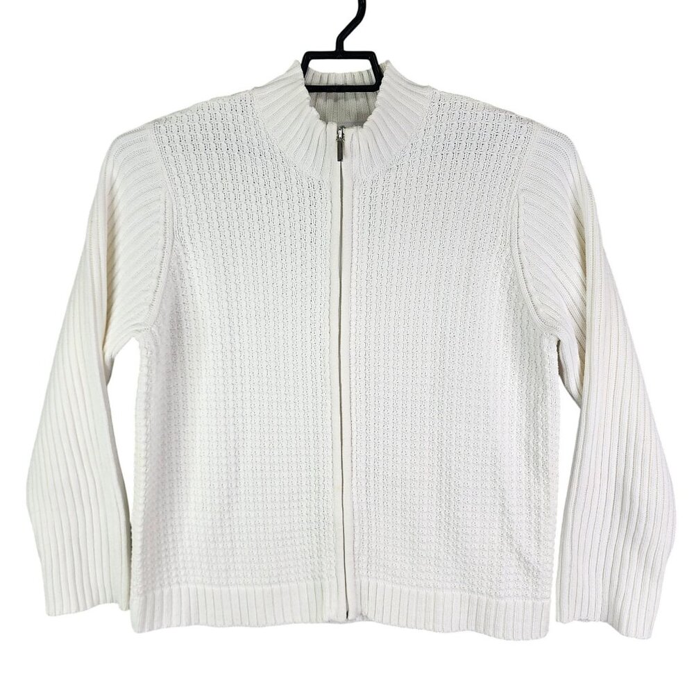 Womens White Liz Claiborne Lizsport Sweater Jacket Full Zip Long Sleeve Size XL